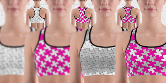 Slider image of hinesii Tessie sports bras. Original artwork patterns printed on fashion apparel, home decor and everyday lifestyle products like fanny packs, tote bags and ceramic mugs